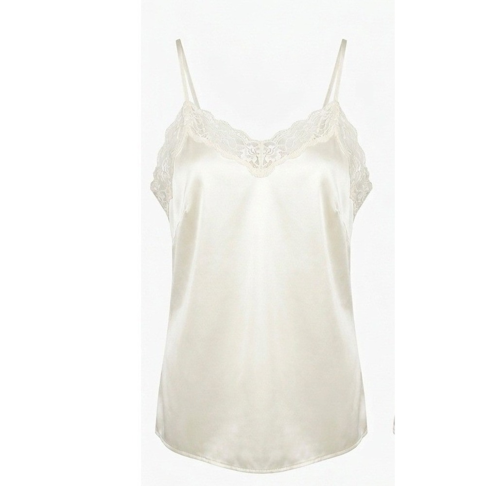 Silky Lace Trim Cami Tank Top - Cream